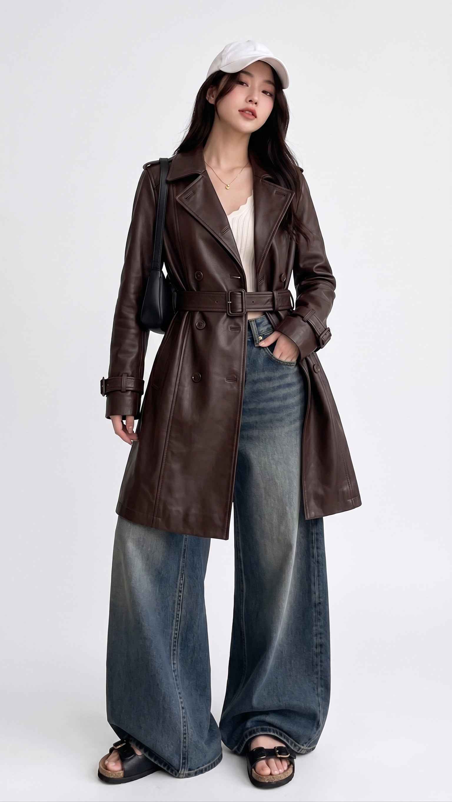Women’s Longline Leather Trench Coat – Elegant Modern Style