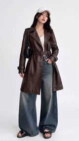 Women’s Longline Leather Trench Coat – Elegant Modern Style