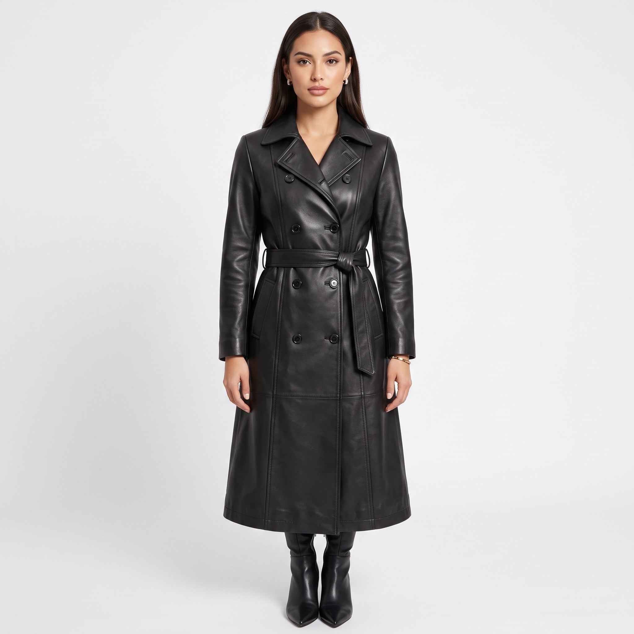 BFL Madison Women’s Black Leather Trench Coat – Belted Overcoat