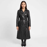BFL Madison Women’s Black Leather Trench Coat – Belted Overcoat