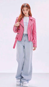BFL Roselle Biker-Lederjacke in Pink mit Nieten – Damen-Motorradjacke