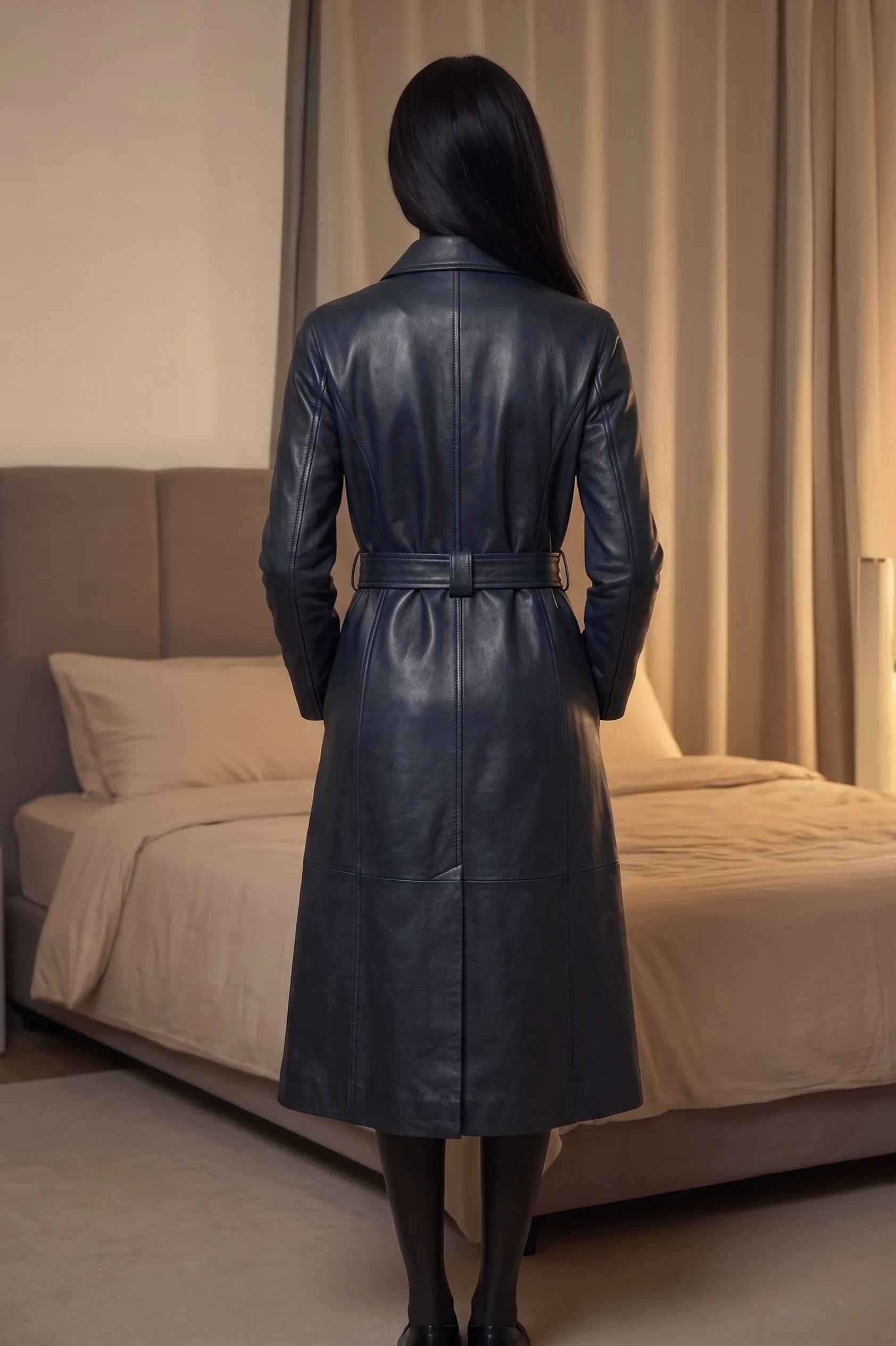 BFL Women’s Black Genuine Leather Trench Coat – Belted Long Overcoat