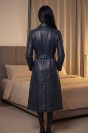 BFL Women’s Black Genuine Leather Trench Coat – Belted Long Overcoat