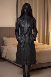 BFL Women’s Black Genuine Leather Trench Coat – Belted Long Overcoat