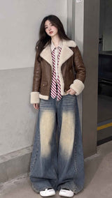BFL Damen-Lammfelljacke aus braunem Schafsleder – Flieger-Wintermantel