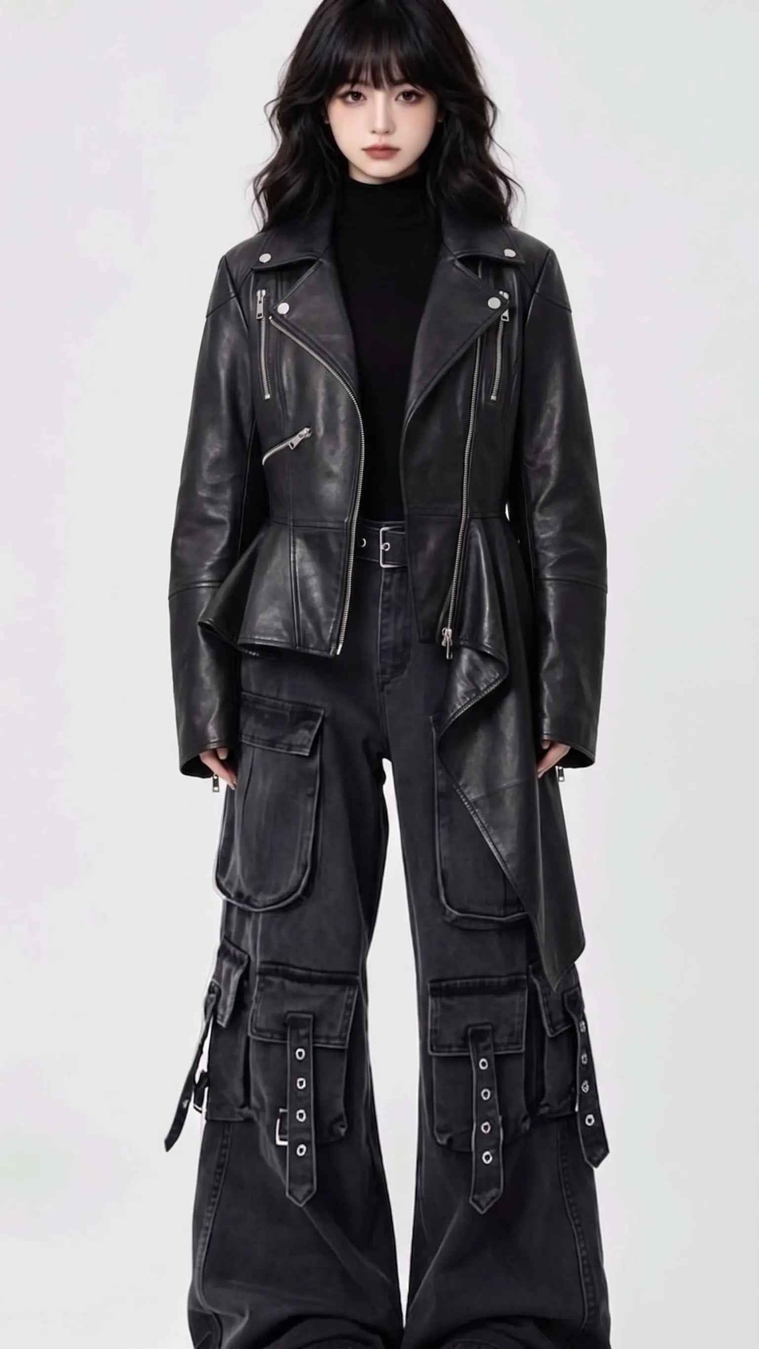 BFL Luxe Asymmetrical Peplum Designer Leather Coat – Women’s Jacket