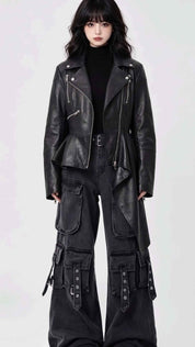 BFL Luxe Asymmetrical Peplum Designer Leather Coat – Women’s Jacket