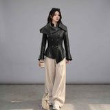 BFL Women’s Asymmetric Cape Leather Jacket – Elegant Fashion Jacket