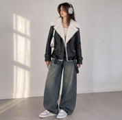 BFL Women’s Sheepskin Leather Fur Collar Jacket – Winter Coat