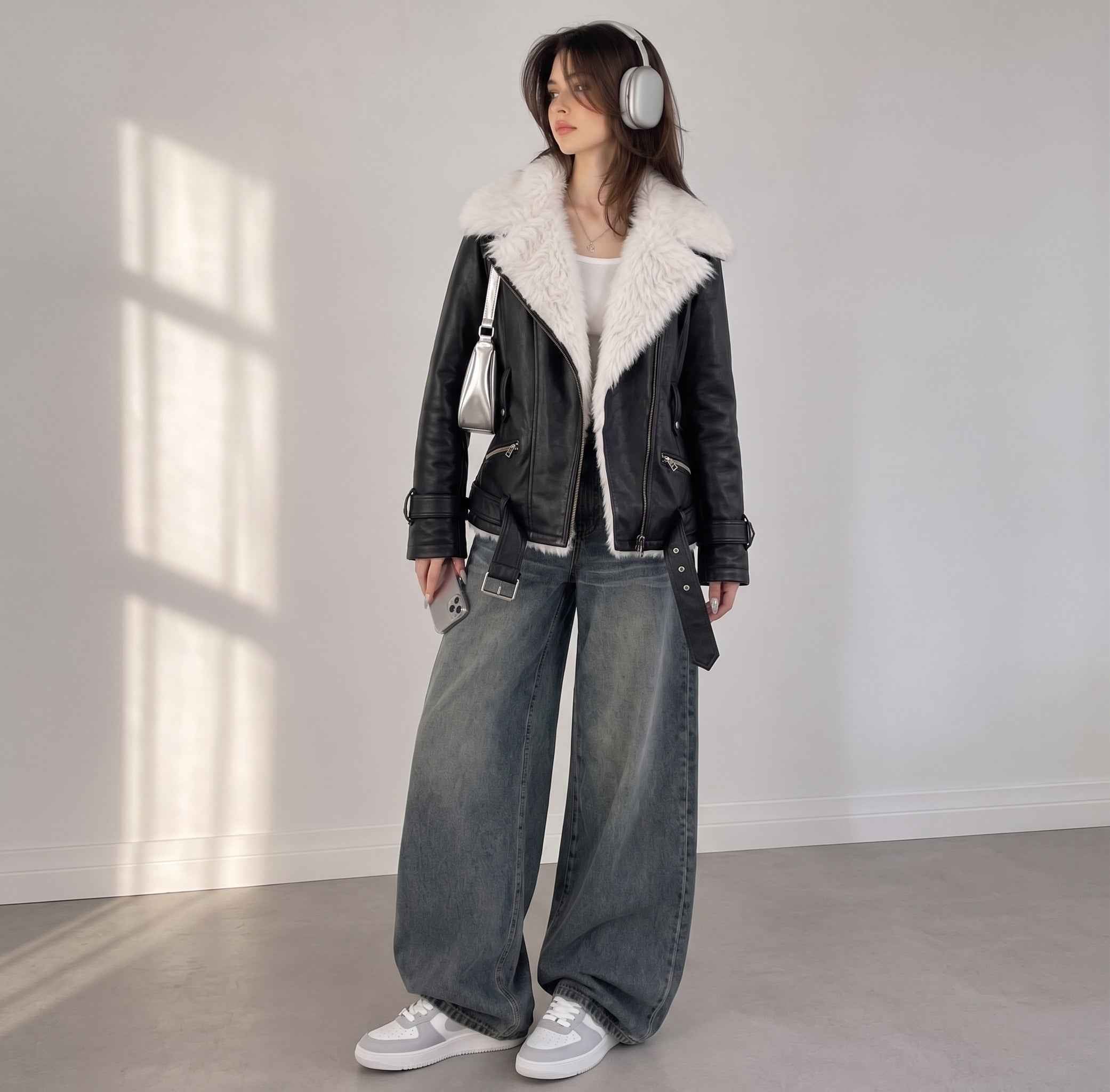 BFL Women’s Sheepskin Leather Fur Collar Jacket – Winter Coat