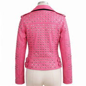 BFL Roselle Studded Pink Biker Leather Jacket – Women’s Motorcycle Jacket