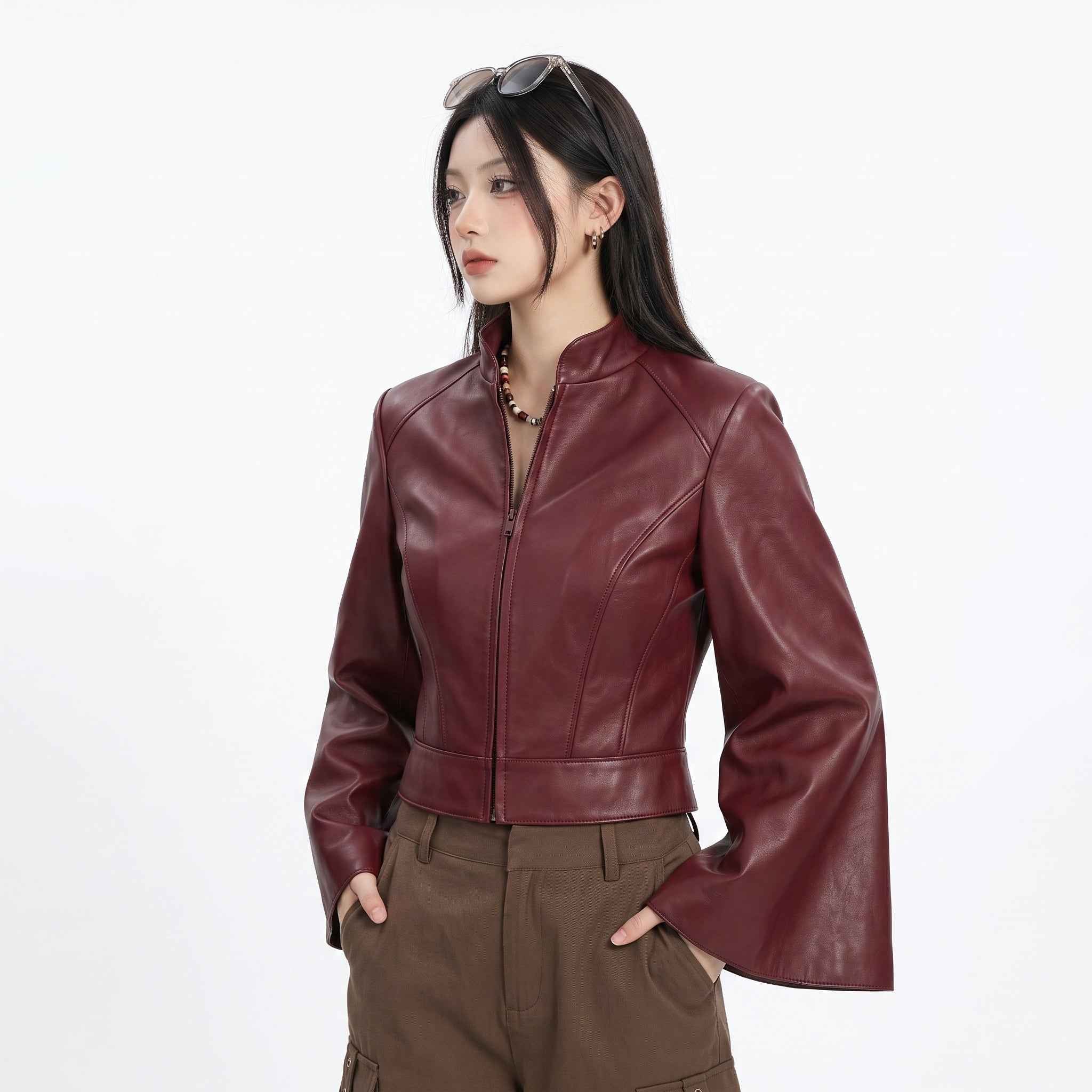Women’s Cropped Cape-Sleeve Leather Jacket | Stylish Modern Jacket