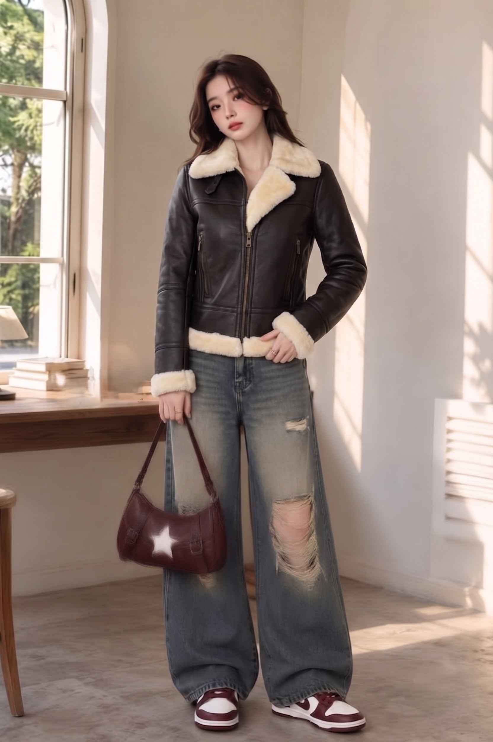 BFL Women’s Alpine Crest Shearling Leather Jacket – Dark Brown