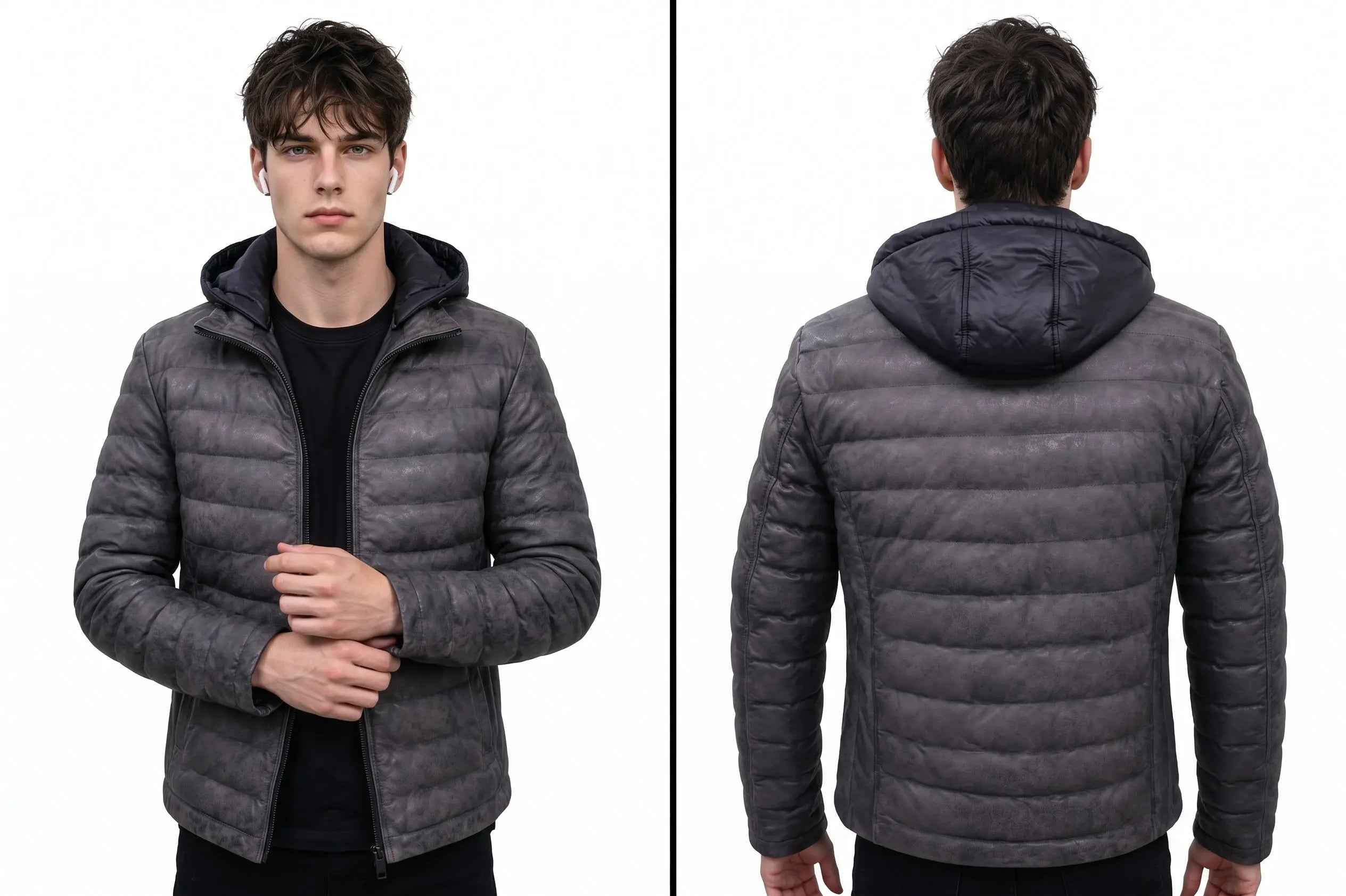 BFL Men’s Lightweight Hooded Quilted Puffer Jacket – Charcoal Black