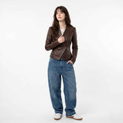Sculpted Asymmetric Wrap Leather Jacket | Women’s Stylish Biker Jacket