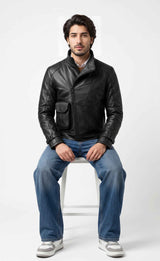 Moderne asymmetrische Lederjacke für Herren mit Reißverschluss