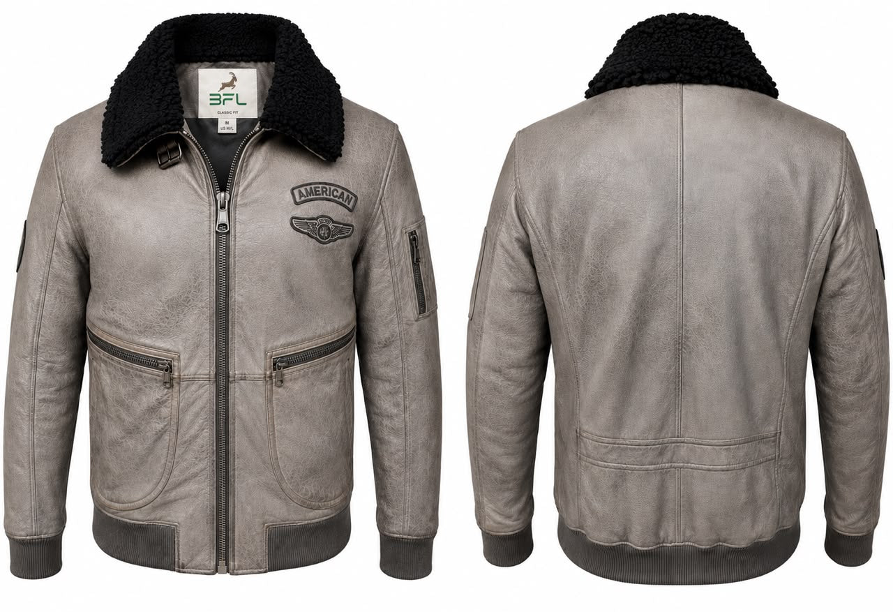 Men's Vintage Aviator Faux Leather Bomber Jacket with Sherpa Collar – Grey