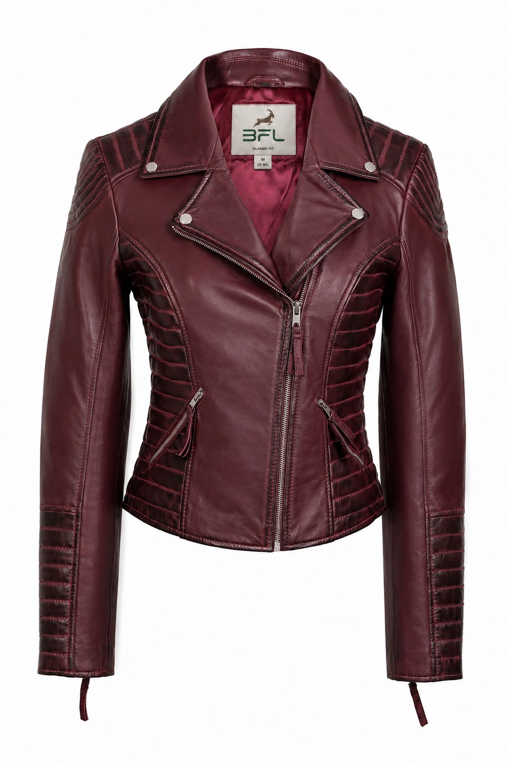 BFL Women’s Burgundy Quilted Moto Leather Jacket