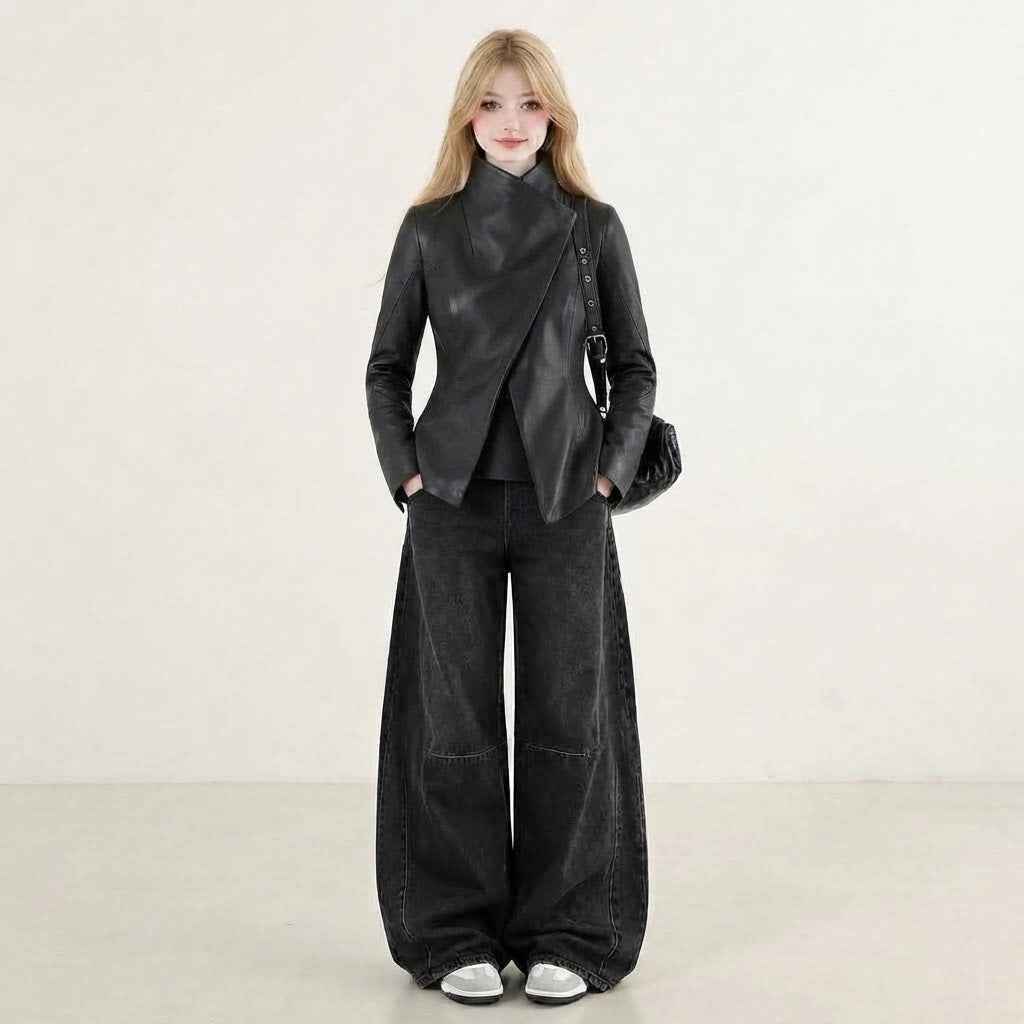 Draped Sculpted Leather Jacket | Premium Women’s Biker Jacket