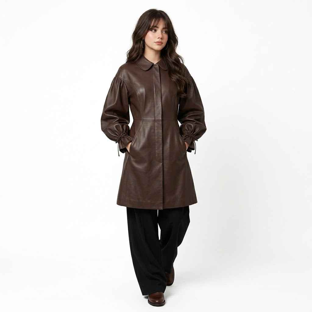 Women’s Leather Balloon-Sleeve Long Coat | Stylish Premium Leather Coat