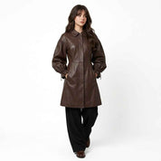 Women’s Leather Balloon-Sleeve Long Coat | Stylish Premium Leather Coat