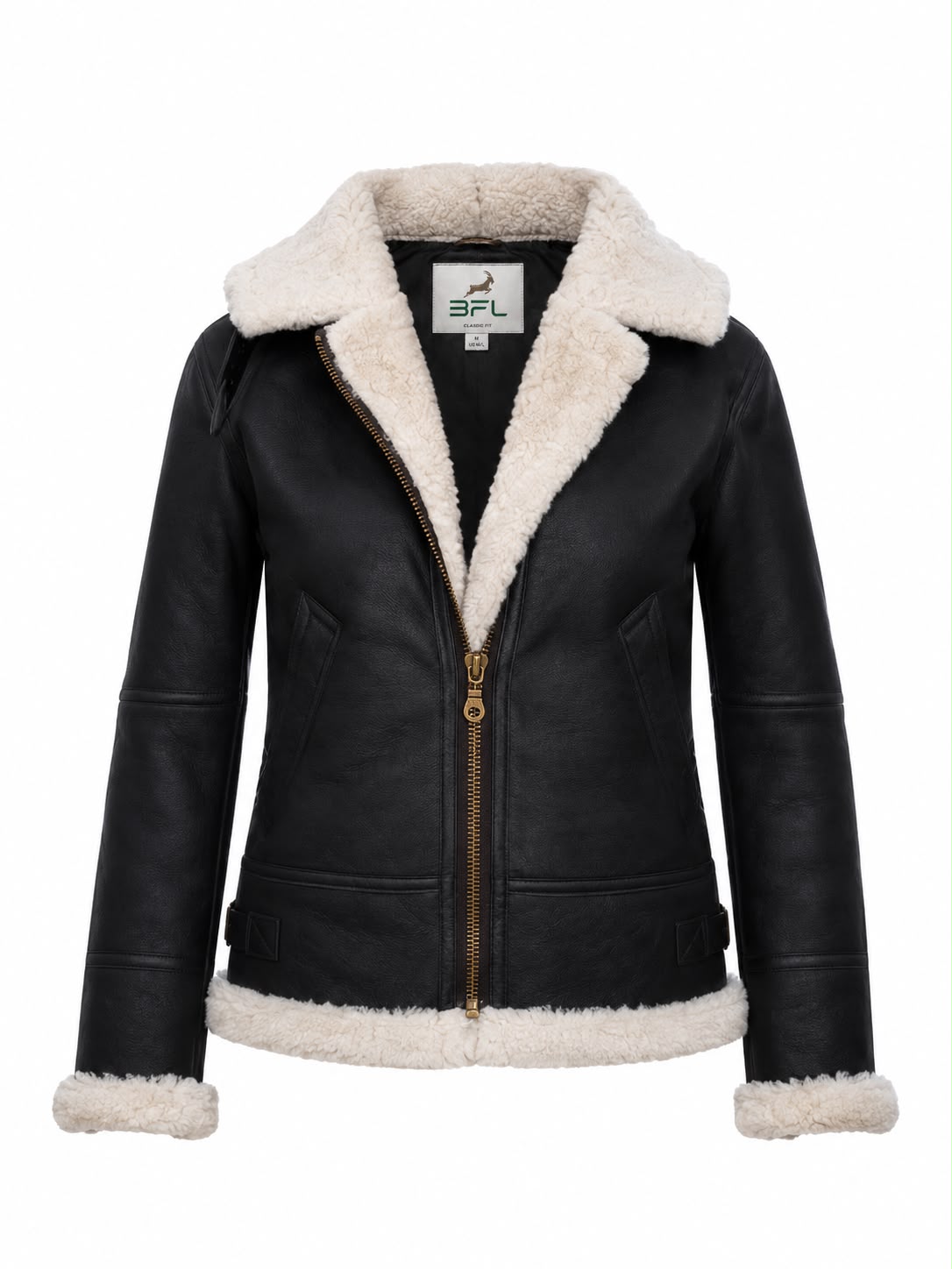 BFL Women’s Alpine Crest Shearling Leather Jacket – Faux Fur Trimmed Winter Coat, Dark Brown