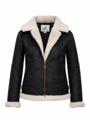 BFL Women’s Alpine Crest Shearling Leather Jacket – Faux Fur Trimmed Winter Coat, Dark Brown