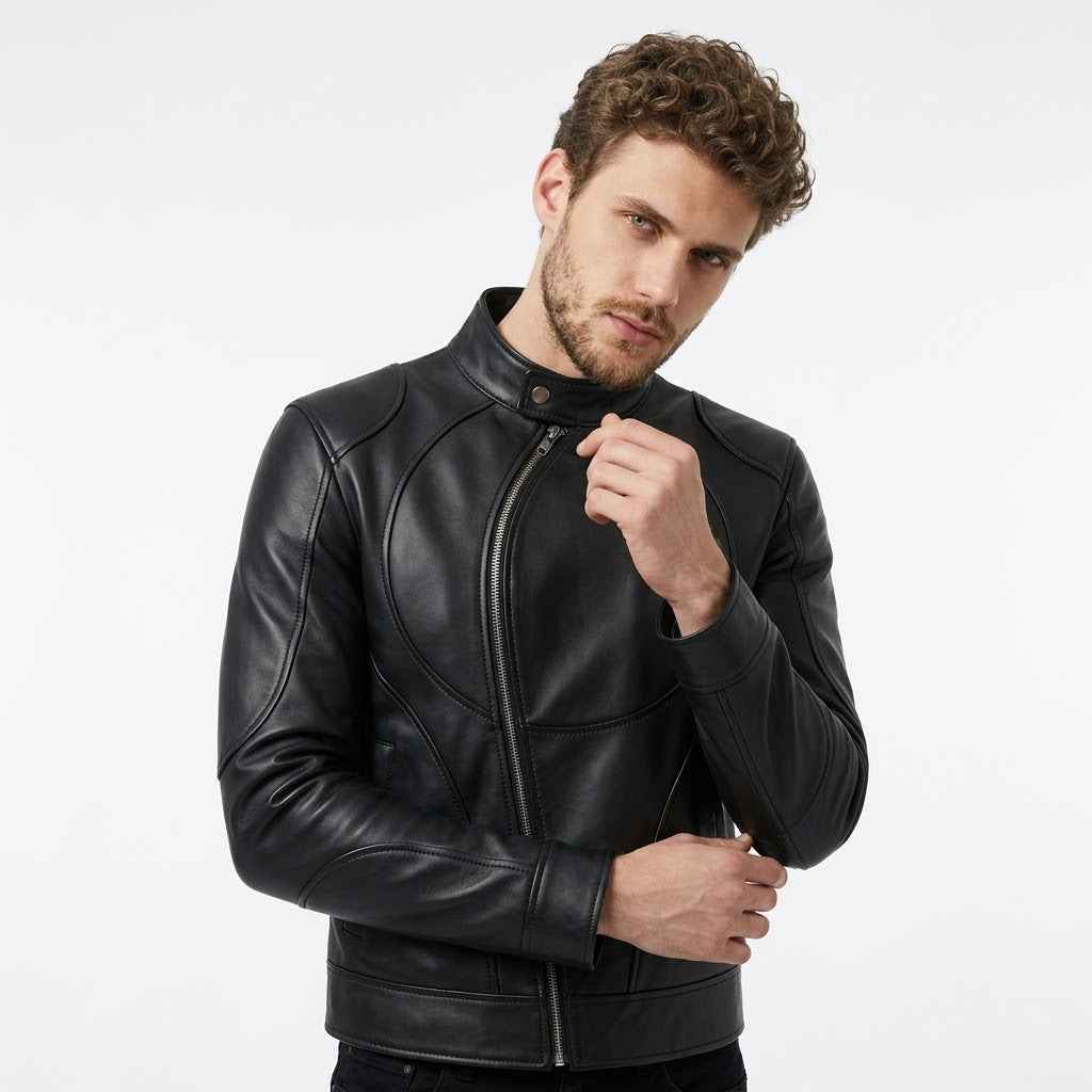 Men’s Curved Zip Racing Leather Jacket | Stylish Motorcycle Jacket