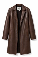 Women’s Premium Brown Long Leather Trench Coat – Classic Open Front Genuine Leather Overcoat.