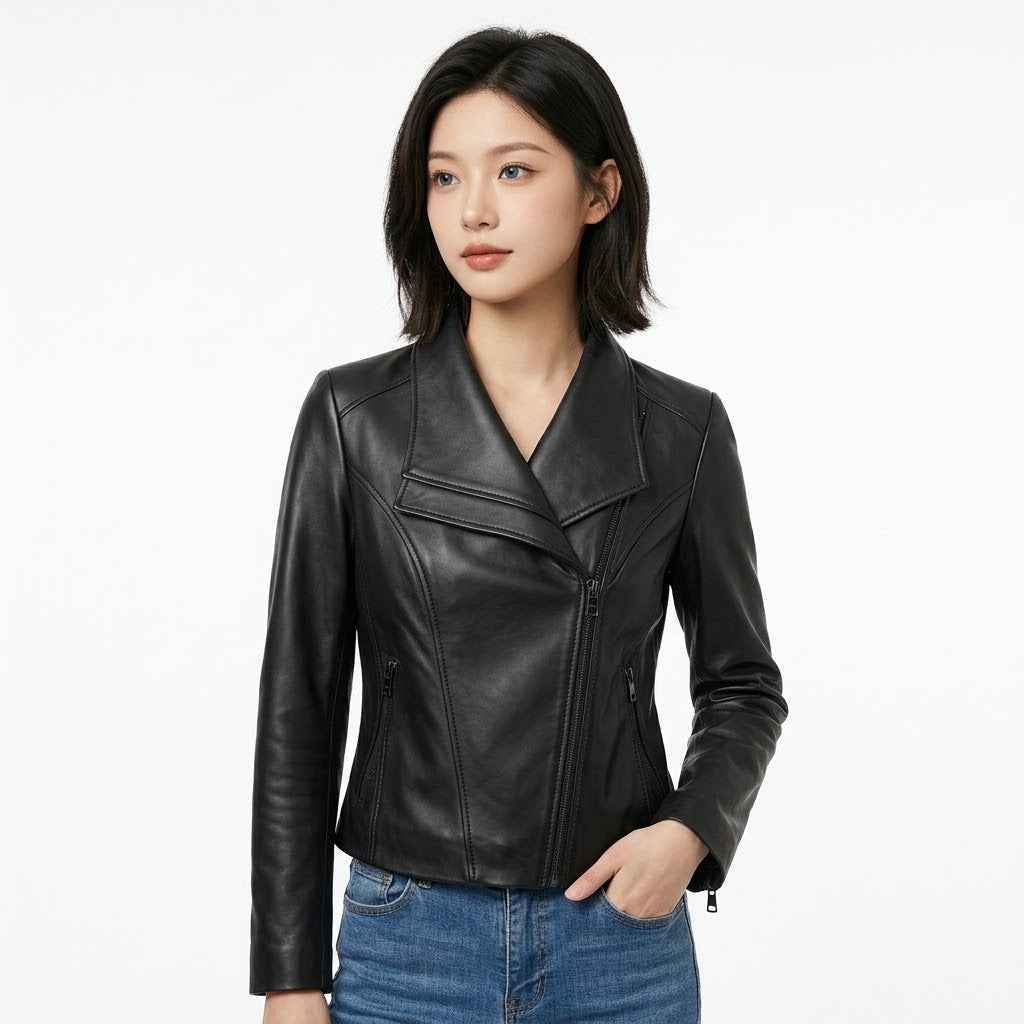 Women’s Sculpted Asymmetric Leather Jacket | Stylish Premium Biker Jacket