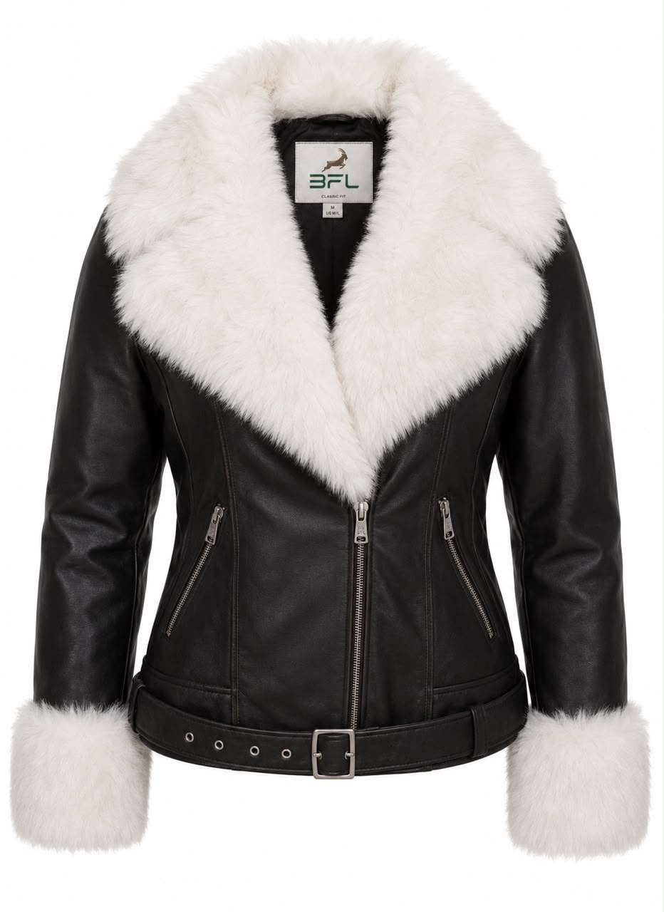 Women’s Genuine Sheep Leather Aviator Jacket | Black Leather Coat with White Fur Collar | Belted Winter Jacket.