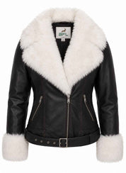 BFL Women’s Black Sheep Leather Aviator Jacket – White Fur Collar