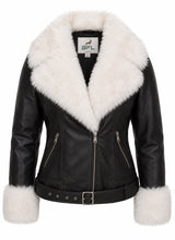 Women’s Genuine Sheep Leather Aviator Jacket | Black Leather Coat with White Fur Collar | Belted Winter Jacket.