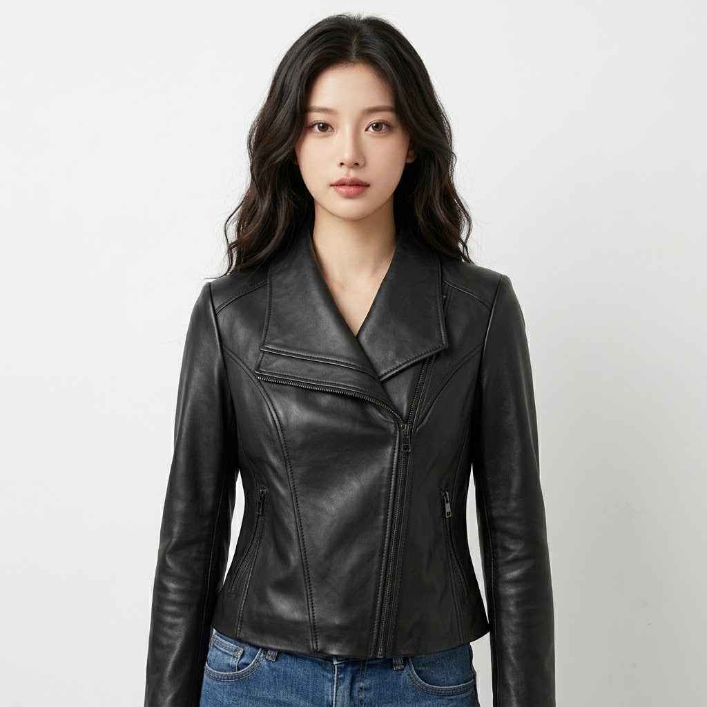 Women’s Sculpted Asymmetric Leather Jacket | Stylish Premium Biker Jacket