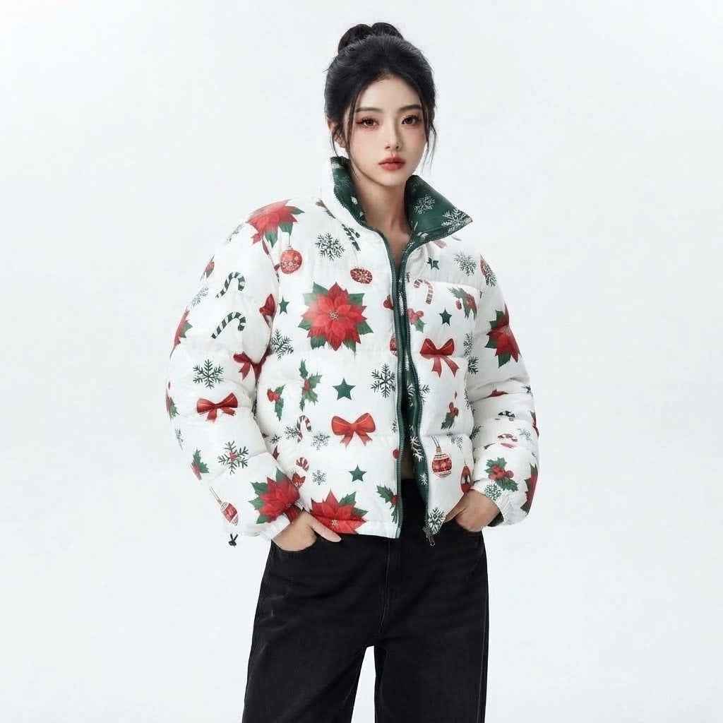 Women’s Green Christmas Printed Puffer Jacket | Festive Winter Jacket