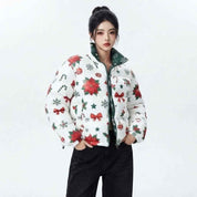 Women’s Green Christmas Printed Puffer Jacket | Festive Winter Jacket