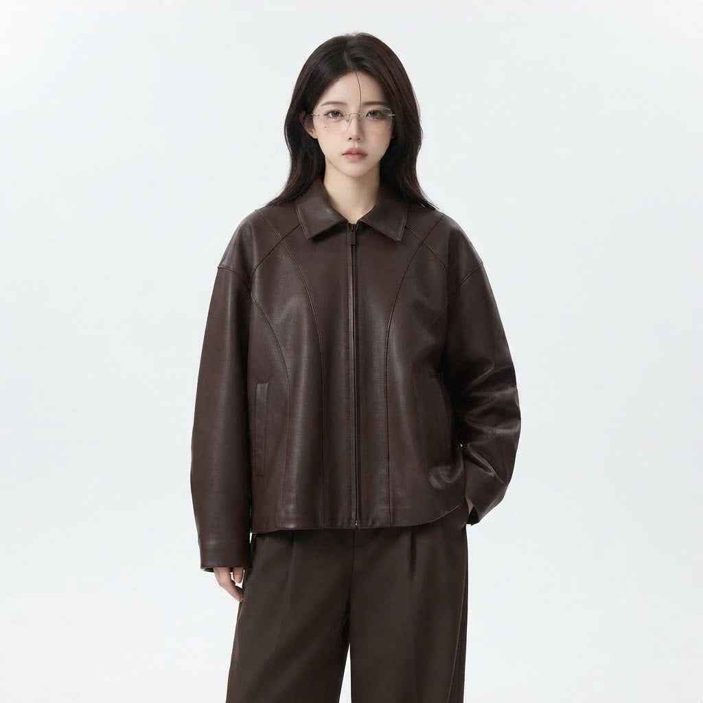 Women’s Oversized Curved-Panel Leather Jacket | Premium Leather Jacket