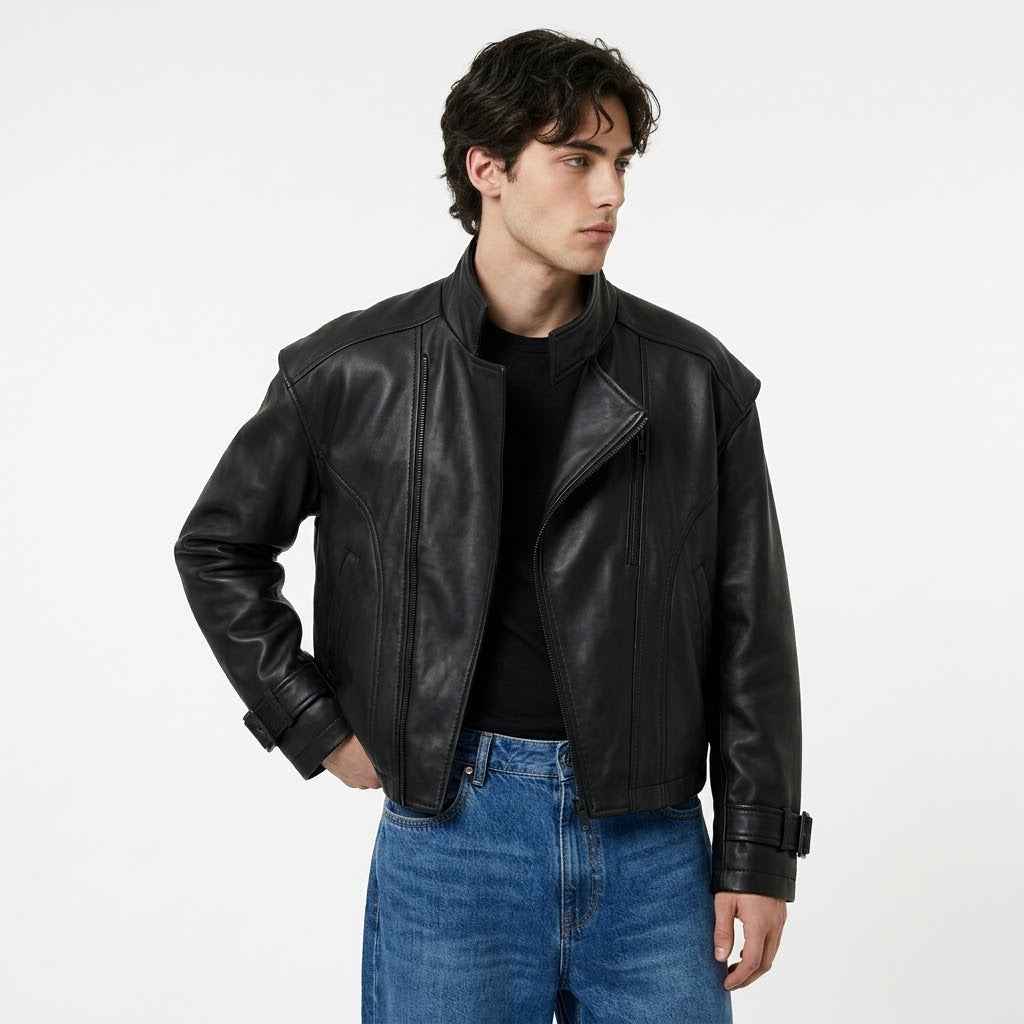 Men’s Offset Double-Zip Leather Jacket | Stylish Premium Biker Jacket