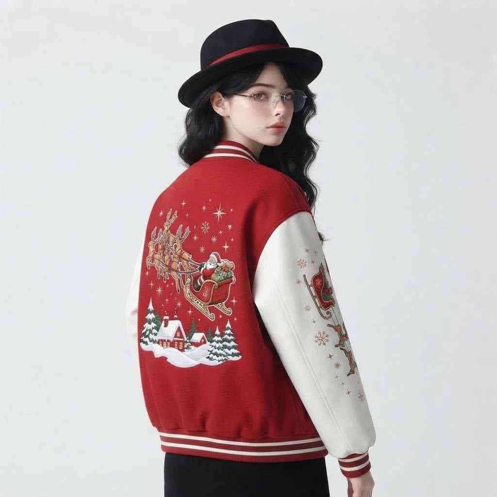 Women’s Christmas Varsity Letterman Jacket | Festive Embroidered  Bomber Jacket