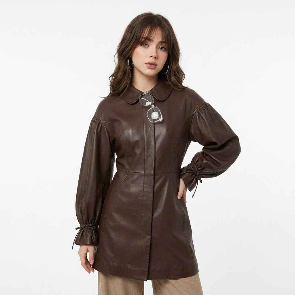 Women’s Leather Balloon-Sleeve Long Coat | Stylish Premium Leather Coat