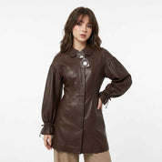Women’s Leather Balloon-Sleeve Long Coat | Stylish Premium Leather Coat