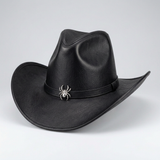 Women's Solid Black Genuine Leather Hats – Black leather cowboy hat with a pinched crown, wide