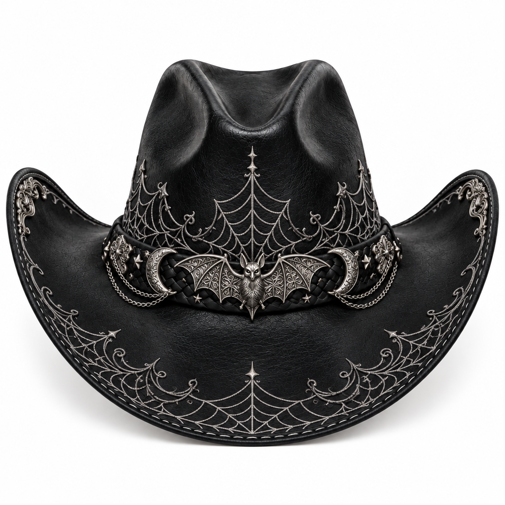 Black Halloween leather cowboy hat with elaborate silver detailing, front