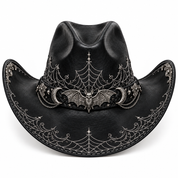 Black Halloween leather cowboy hat with elaborate silver detailing, front
