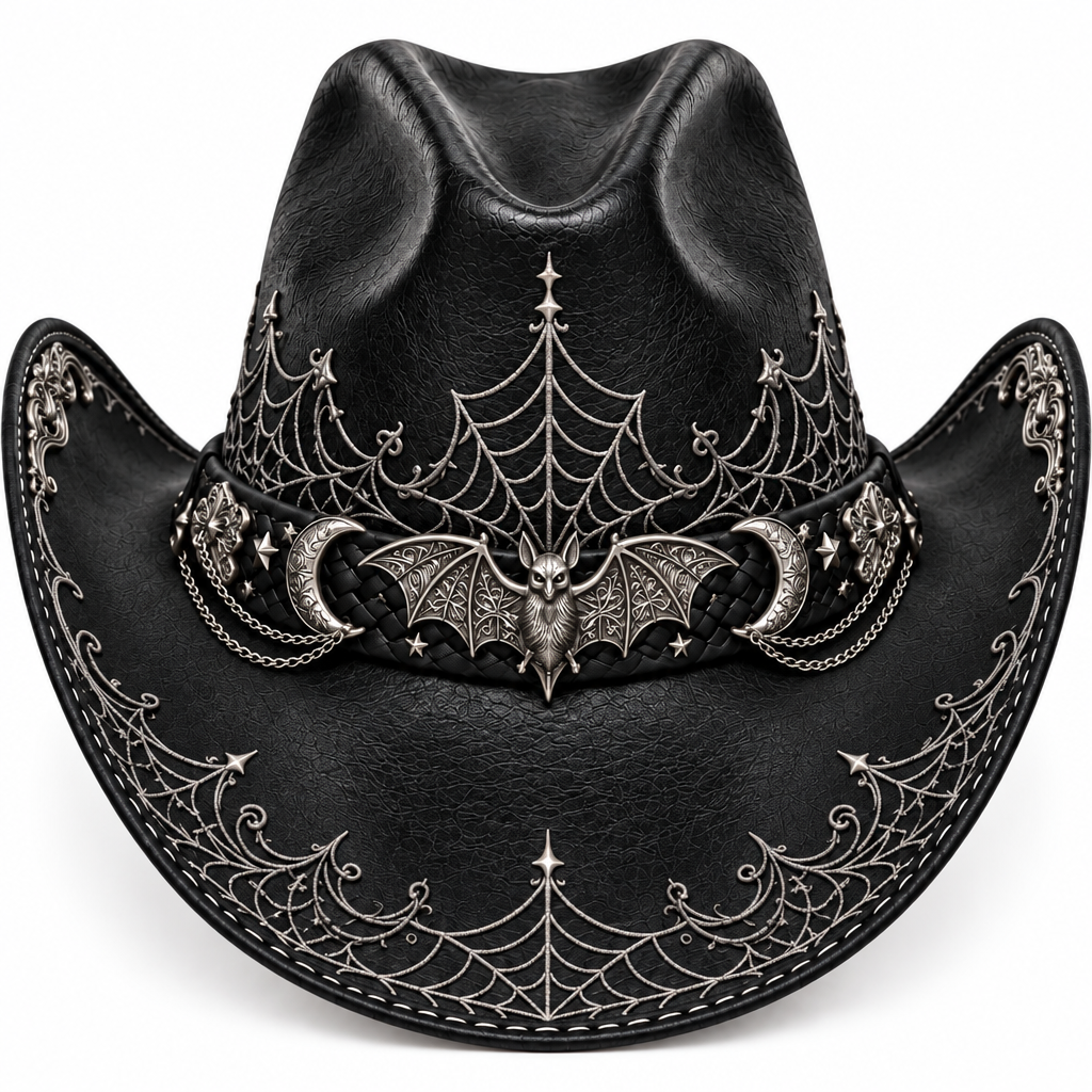Black-silver Halloween hat, engraved hardware detail