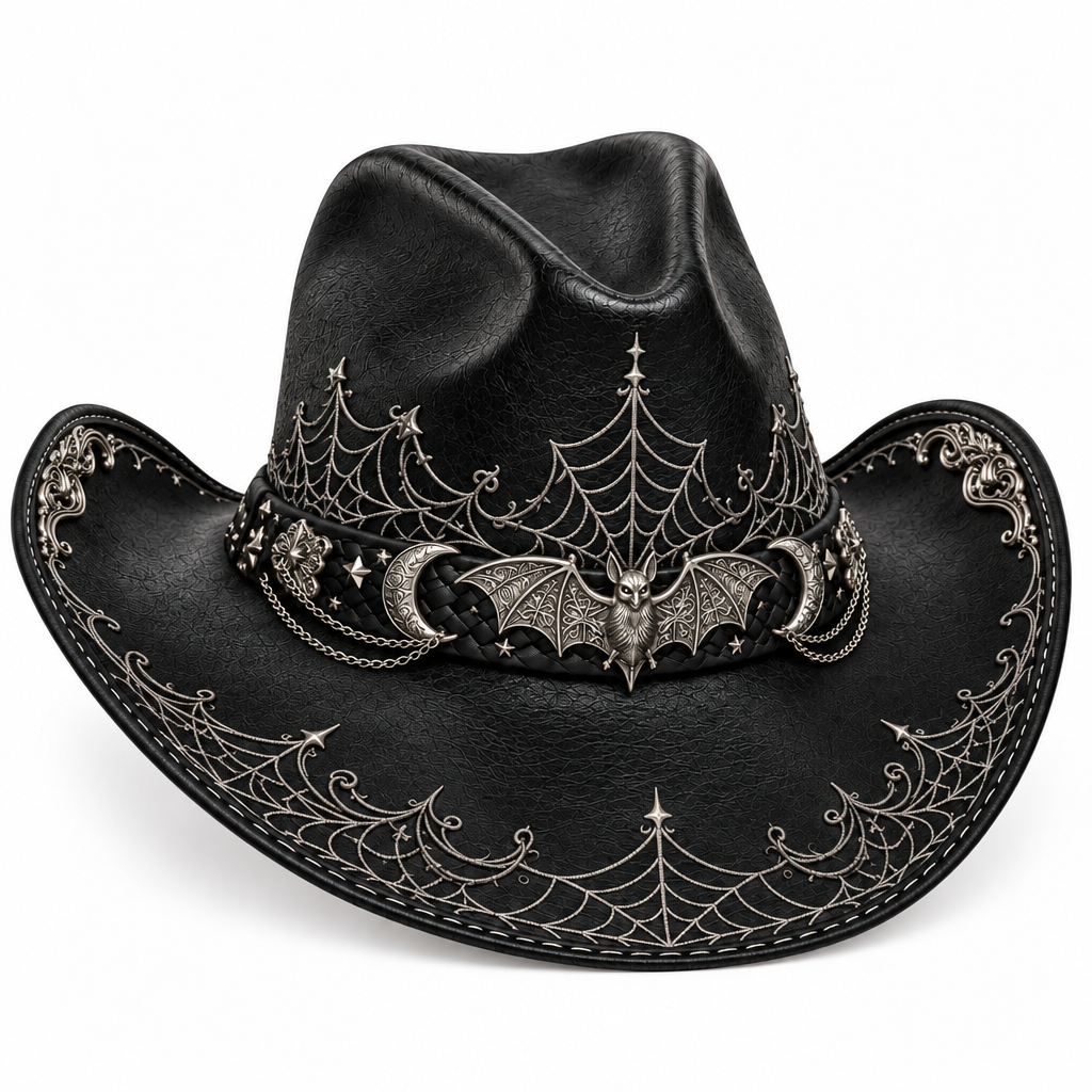 Black-silver Halloween hat, front-left angle