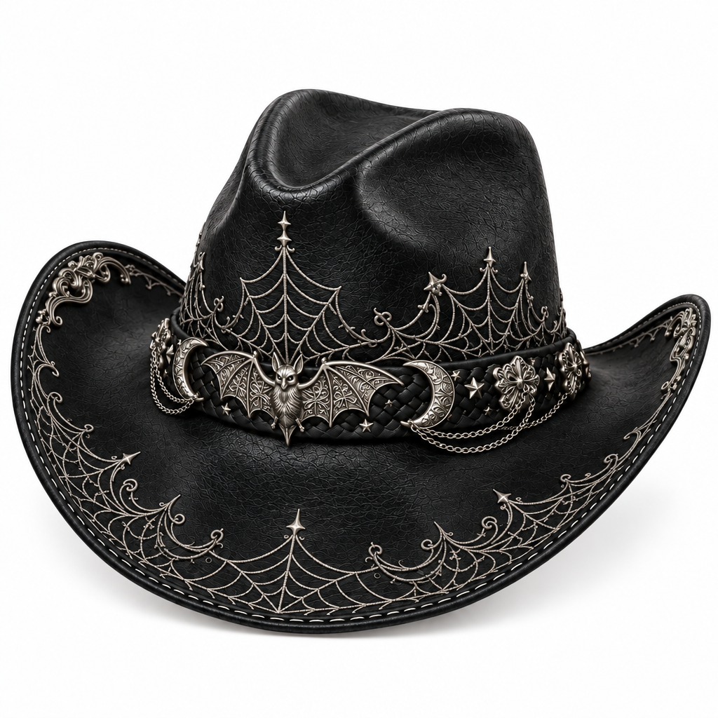 Black-silver Halloween hat, front-right angle