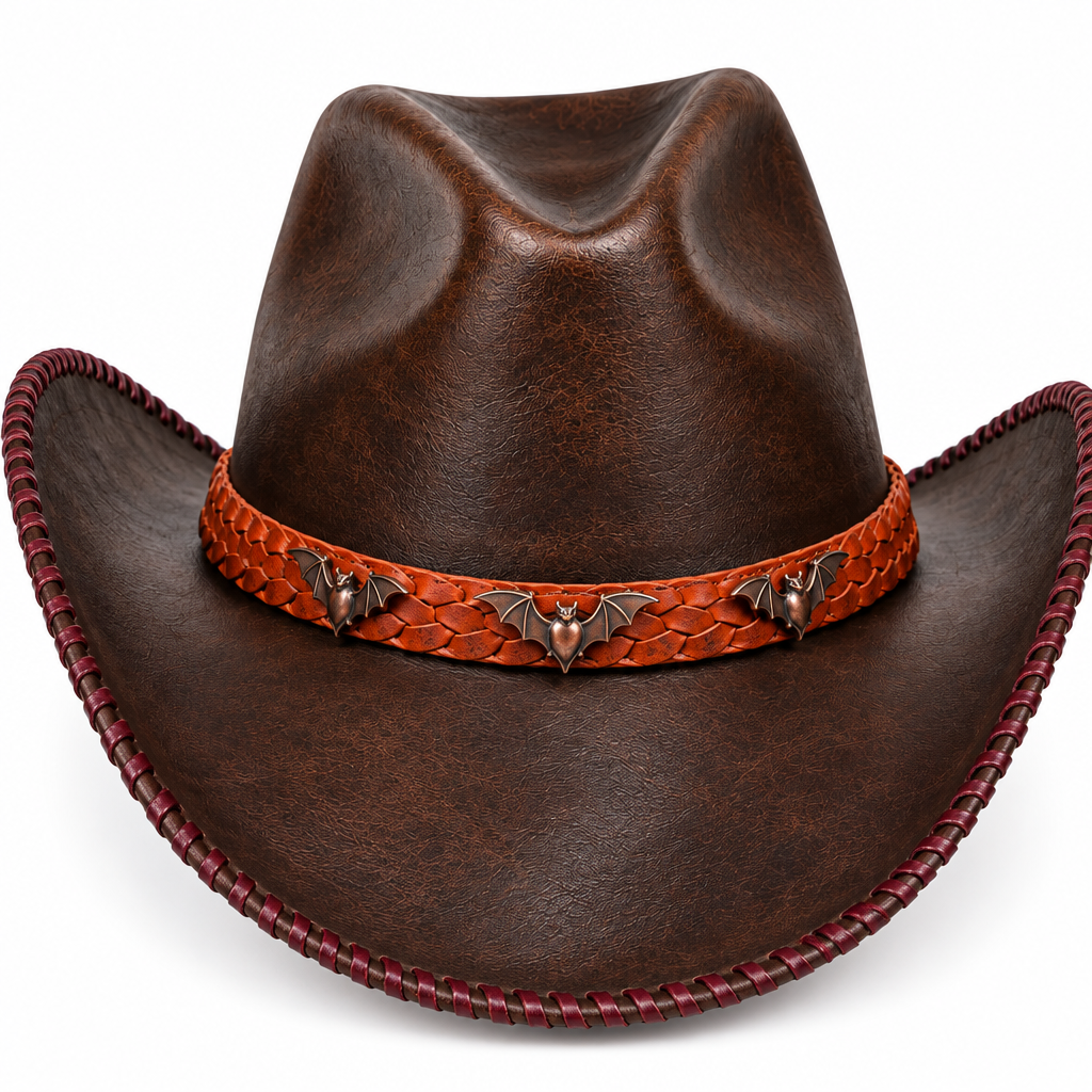 Brown cowboy hat, bat and leather detail