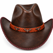 Brown cowboy hat, bat and leather detail