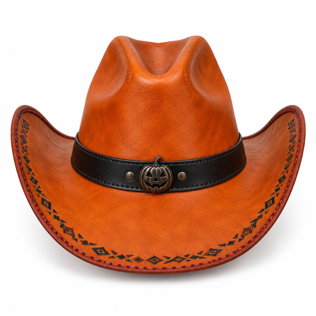 Burnt-orange Halloween leather cowboy hat, front